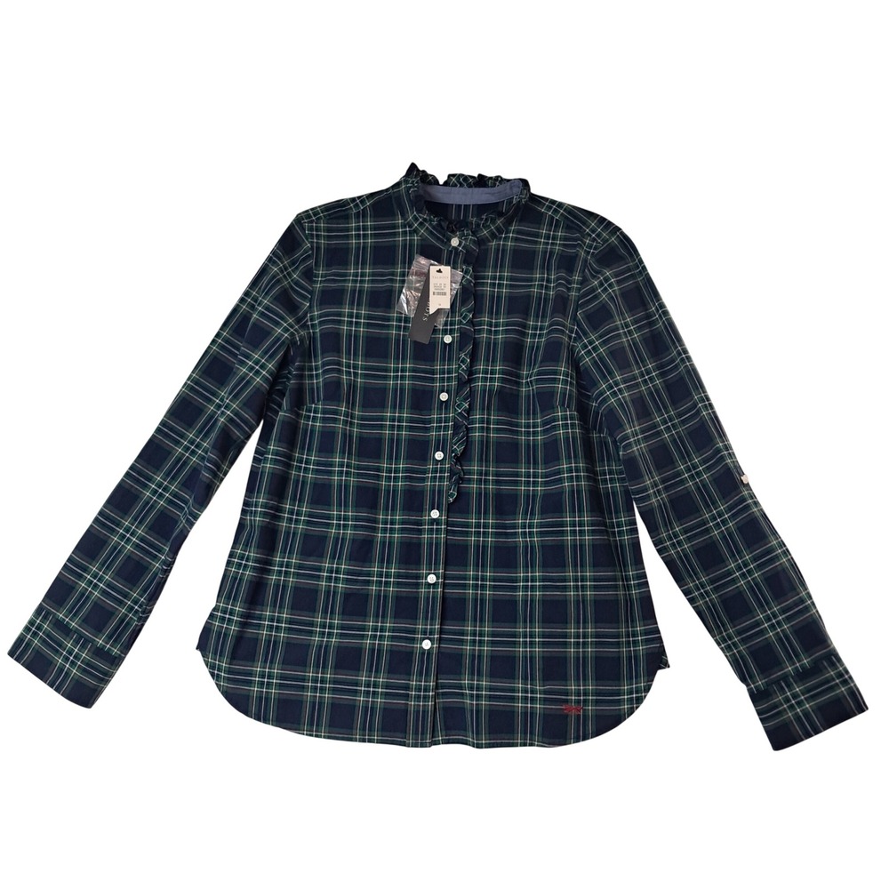 NWT Talbots Button Down Shirt Womens 14 Green Plaid Ruffle Long Sleeve Christmas